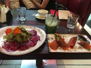 Beetroot ravioli and not duck rolls at Super Natural Kitchen in Dubai