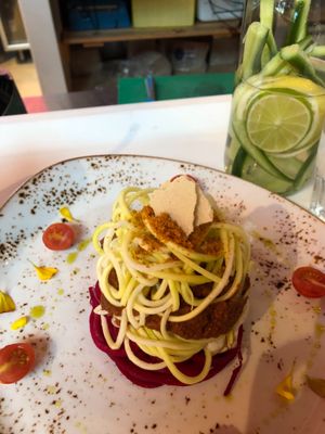 The lasagna ( the water is infused with cucumber and lemon)! at Super Natural Kitchen in Dubai