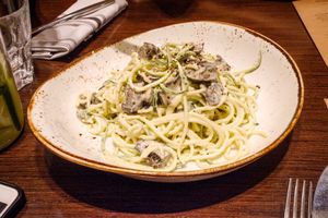 Special of the day: zuchini noodles with truffels. This was so good! at Super Natural Kitchen in Dubai