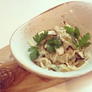 Raw Vegan Zucchini Pasta with Cream of Wild Mushroom Sauce at Super Natural Kitchen in Dubai