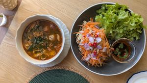 ต้มแซ่บ Northern style tom saep + ยำปลาดูกฟู tofu floss salad at Sukjai by Pata Obasan in Chiang Mai