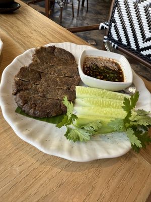Grilled plant based “beef” with spicy jeaw sauce   at Sukjai by Pata Obasan in Chiang Mai