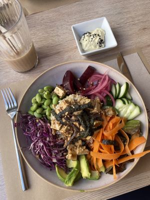 Buddha Bowl & iced chai latte with oat milk  at Koffushi in Tenerife