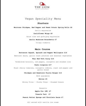 Vegan Menu Summer 2025 at The Lion Hotel  in Pontypool