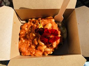 Bubble and squeak with home made baked beans.  at Caffi Iechyd Da in Carmarthen