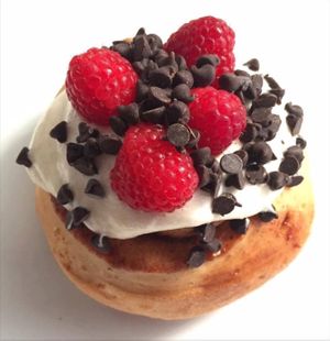 Cake Batter Frosting, Raspberries, and Chocolate Chips! at Cinnaholic in New York City