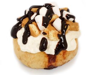 Campfire S'mores! Marshmallow Frosting, Marshmallows, Graham Cookies, and Chocolate Sauce at Cinnaholic in New York City