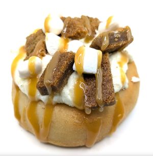 Caramel Frosting, Cinnadoddle Cookie Bites, and Caramel Sauce at Cinnaholic in New York City