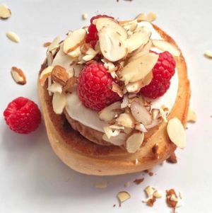 Amaretto Frosting, Raspberries, and Almonds! at Cinnaholic in New York City