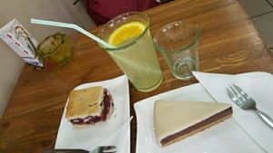 cherry pie and marzipan chocolate cake, plus lemonade at Edes Elet Cukraszda in Budapest