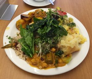 A plate from the all you can eat lunch buffet (£7.50) at 222 Vegan Cuisine in West London