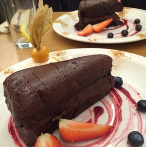 Chocolate Cake with Vanilla Ice Cream at 222 Vegan Cuisine in West London