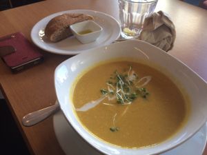 Good pumpkin soup, smokey taste! at 222 Vegan Cuisine in West London