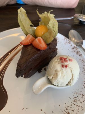 Chocolate gateau & ice cream   at 222 Vegan Cuisine in West London