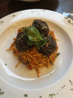 Spaghetti polpette (forgot to take a pic of the excellent almond cheese starter!)  at 222 Vegan Cuisine in West London