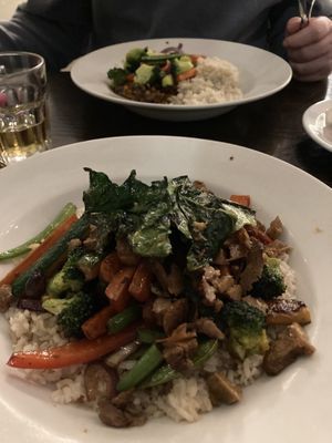 Yummy stir fry at front, curry in distance. Now that’s what I call a decent meal. 😊  at 222 Vegan Cuisine in West London