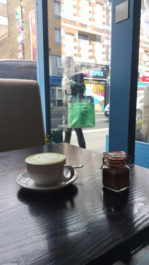 Matcha latte at 222 Vegan Cuisine in West London