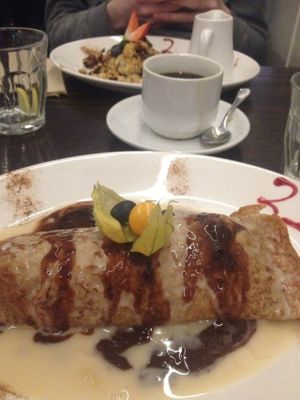 Bottom: 222 Pancake dessert
Middle: Fair-trade coffee
Top: Apple Crumble dessert at 222 Vegan Cuisine in West London