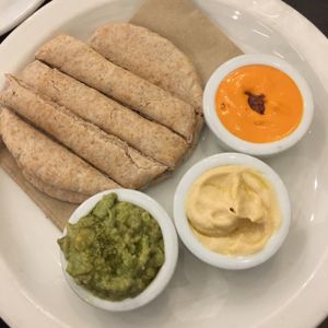 warm pitta and dips  at 222 Vegan Cuisine in West London
