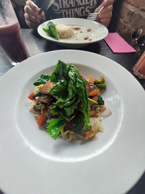 Ben's Special and Seitan Stroganoff on the back at 222 Vegan Cuisine in West London