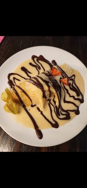 Pancake with ice cream and chocolate & vanilla custard. YUM at 222 Vegan Cuisine in West London