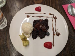 Chocolate gateau at 222 Vegan Cuisine in West London