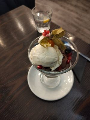 Vegan ice cream with pomegranates blueberries and physalis or goldenberry at 222 Vegan Cuisine in West London
