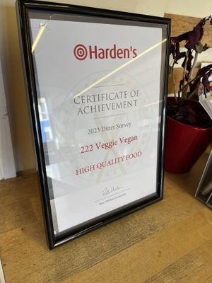 Award  at 222 Vegan Cuisine in West London