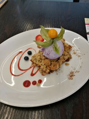 Apple crumble+vegan ice cream at 222 Vegan Cuisine in West London