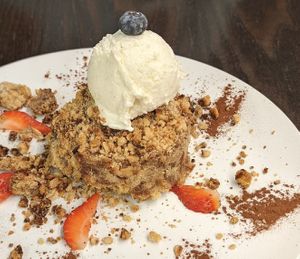 Apple crumble with ice cream at 222 Vegan Cuisine in West London