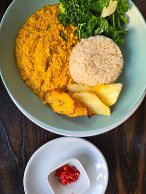 Egusi Stew with Yam and Plantain at 222 Vegan Cuisine in West London