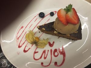 Almond and apricot cake with ice cream at 222 Vegan Cuisine in West London