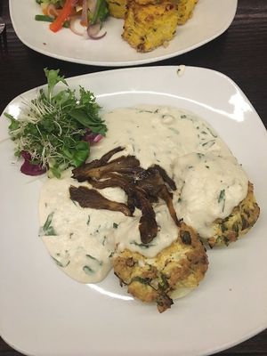 Raclette with sauce and oyster mushrooms at 222 Vegan Cuisine in West London