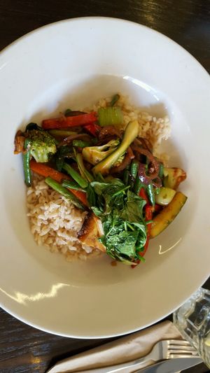 ben's special with tofu and brown rice at 222 Vegan Cuisine in West London