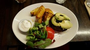 burger and fries at 222 Vegan Cuisine in West London