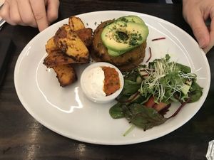 The asparagus burger with fries! at 222 Vegan Cuisine in West London