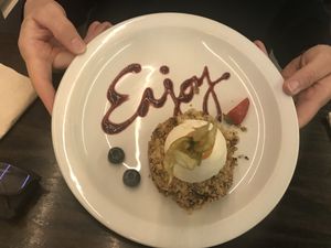 The apple crumble with vanilla ice cream! at 222 Vegan Cuisine in West London