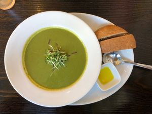 Cream of spinach & broccoli soup special  at 222 Vegan Cuisine in West London