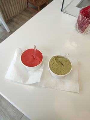Strawberry sorbet and pistachio at Gaya gelato Bulgaria in Sofia City Province
