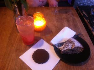Vegan cakes! Banana-cake and brownie with rhubarb lemonade. at Harbo Bar in Copenhagen