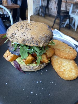 Vegan mushroom, potato sandwich with hash browns   at Pilgrims Vegetarian Cafe in Cronulla