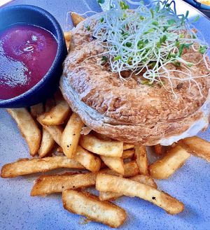 Nepalese Curry Pie with Chips  at Pilgrims Vegetarian Cafe in Cronulla