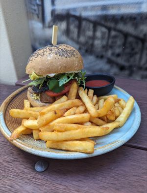 Vegan brekky burger and chips at Pilgrims Vegetarian Cafe in Cronulla