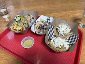 Carnitas tacos, Al pastor taco, Sopesitos De Rajas Poblanas  at Alma y Sazon in Emeryville