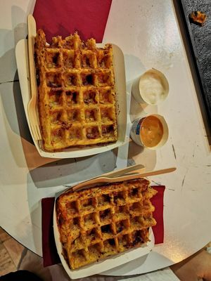 Two 'pizza' potato waffles. One garlic aoli and one 'andaluce'. at VeganPot  in Brussels