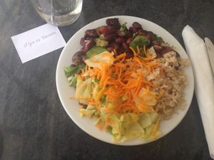 This is the small portion of one of the main meals! So nice to come to a vegan place where the portions aren't tiny. There are three mains to choose from (they change daily but the whole place is vegan). Today two were gluten-free. I'm not sure what it was, but it was yum! And I had it with rice and veg - all for about 5 euros. at Alfarroba in Lisbon