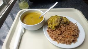 Spinach soup and mix of lentil purée, with seitan & quinoa. at Alfarroba in Lisbon