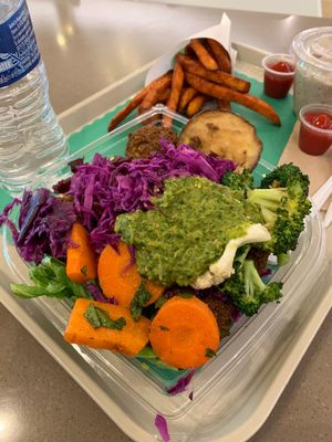 Falafel salad and sweet p fries! at Maoz in Rosemont