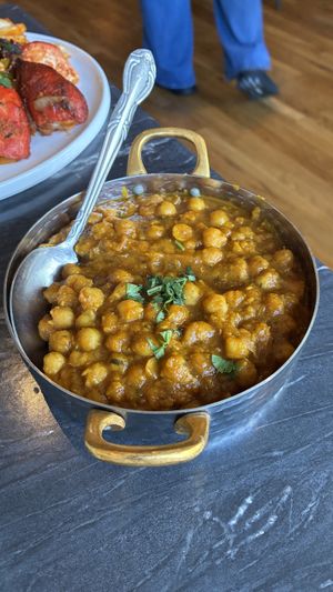 Chana Masala. We got medium spicy    at Haveli Indian Restaurant in Arlington