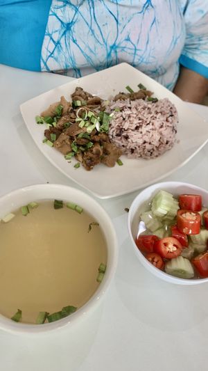 Stir fried vegan porkless & Basil + Soup  at So Vegan    in Pathum Thani
